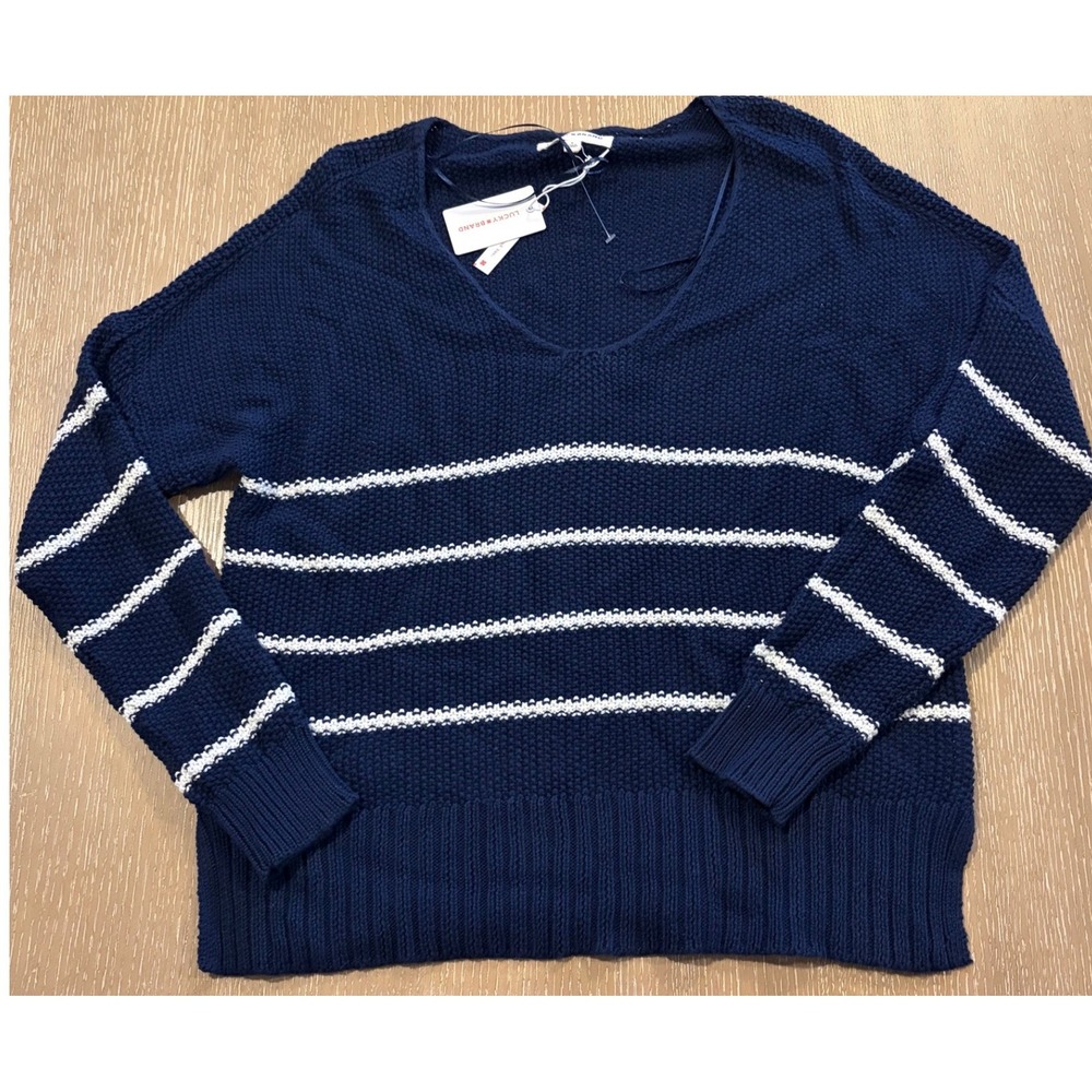 Lucky Brand Women's Small Navy White Striped Knit Sweater Long Sleeve NWT